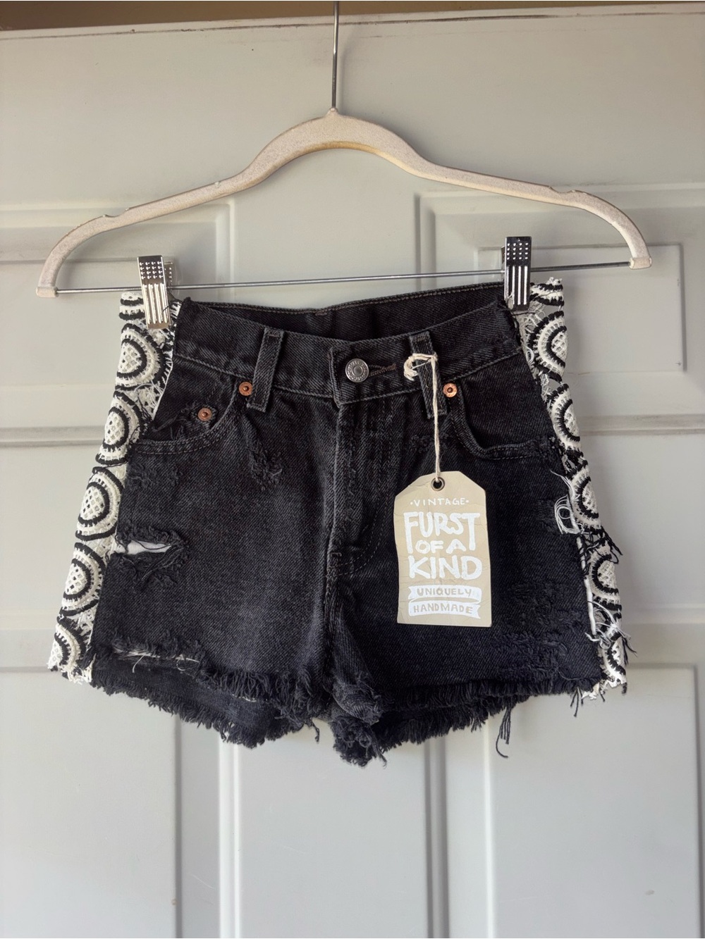 Furst of a Kind upcycled black Levi’s crochet side panel shorts size XS